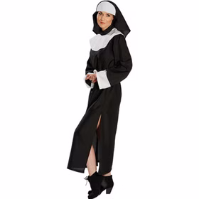 Nonnen Kostüm Ordensfrau Melissa Klosterfrau mit Haube für Damen Gr. 38-46 Ordensschwester Berufe Halloween Fasching Karneval Mottoparty Frau im Nonnenkostüm bestehend aus einem schwarzen Kleid, einer Haube und weißem Gürtel seitlich von Vorne.