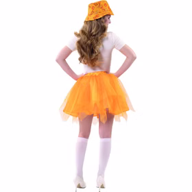 Sekt Kostüm Aperetive Orange Tüllrock und Hut für Damen Onesize Kostüm-Zubehör Getränke-Kostüm JGA Fasching Karneval Mottoparty Sommer-Outfit Rückansicht des Kostüms mit orangefarbenem Tüllrock und passendem Fischerhut.