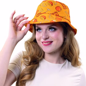 Sekt Kostüm Aperetive Orange Tüllrock und Hut für Damen Onesize Kostüm-Zubehör Getränke-Kostüm JGA Fasching Karneval Mottoparty Sommer-Outfit Nahaufnahme des orangefarbenen Fischerhuts mit Orangen- und Cocktailmotiv.