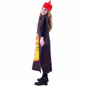 Gewürz Kostüm Spicy Lebensmittel Extra Würze für Erwachsene Onesize Paar- und Gruppenkostüm Spaßkostüm Fasching Karneval Mottoparty Seitenansicht des Kostüms in Flaschenform mit roter Mütze und gelbem Etikett.