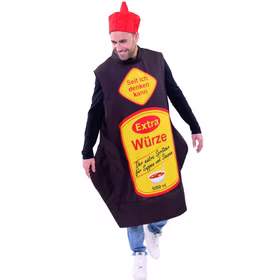 Gewürz Kostüm Spicy Lebensmittel Extra Würze für Erwachsene Onesize Paar- und Gruppenkostüm Spaßkostüm Fasching Karneval Mottoparty Mann trägt das Extra-Würze Kostüm mit roter Mütze und großem gelben Aufdruck.