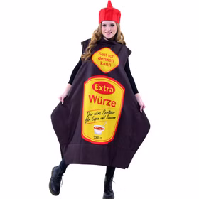 Gewürz Kostüm Spicy Lebensmittel Extra Würze für Erwachsene Onesize Paar- und Gruppenkostüm Spaßkostüm Fasching Karneval Mottoparty Frau präsentiert die Vorderseite des Extra-Würze Kostüms mit Etikett und roter Kopfbedeckung.