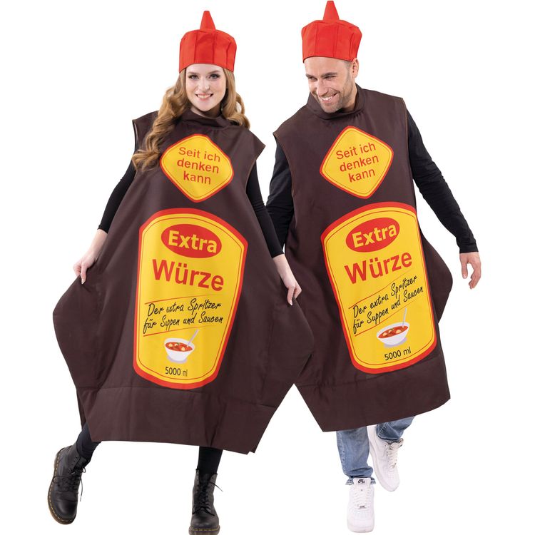 Zwei Personen tragen das Extra-Würze Partnerkostüm und posieren gemeinsam fröhlich.