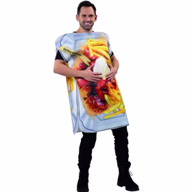 Ein Mann im Currywurst-Kostüm mit Pommes-Print greift sich lachend an den Bauch und präsentiert die Vorderseite.
