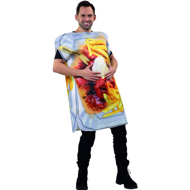 Ein Mann trägt ein Currywurst-Kostüm mit Pommes und Mayo-Aufdruck und posiert lachend mit beiden Armen angewinkelt.