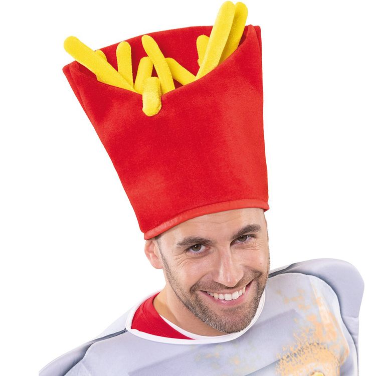 Pommes Mütze Pommestüte als Kopfbedeckung für Erwachsene Nahansicht eines Mannes mit Pommes-Mütze und Currywurst-Kostüm, er lächelt verschmitzt.