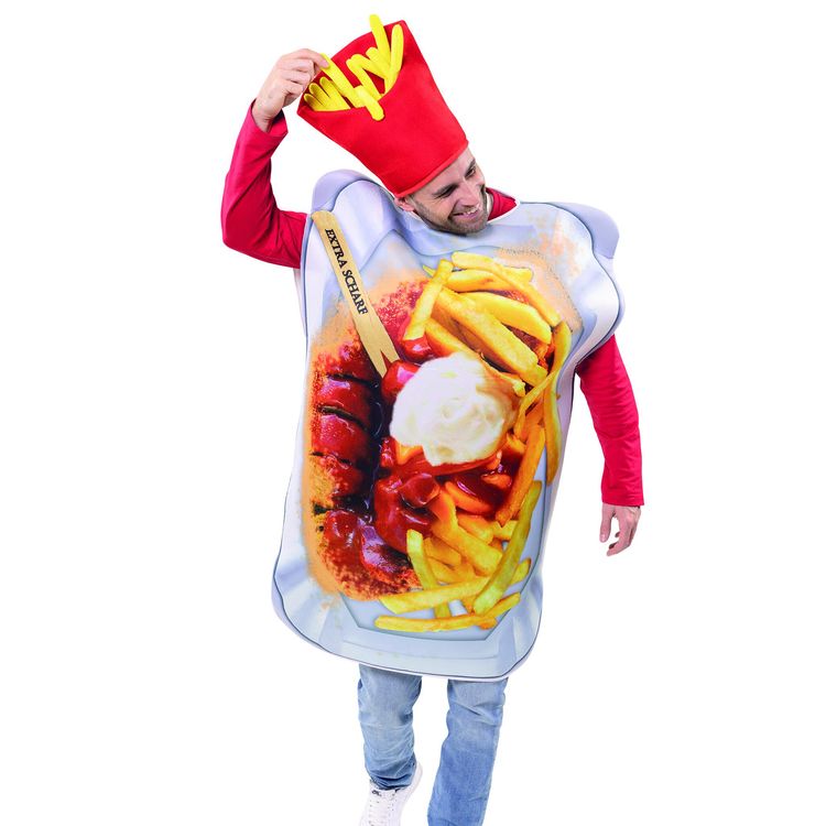 Pommes Mütze Pommestüte als Kopfbedeckung für Erwachsene Nahansicht eines Mannes mit Pommes-Mütze und Currywurst-Kostüm, er lächelt verschmitzt.