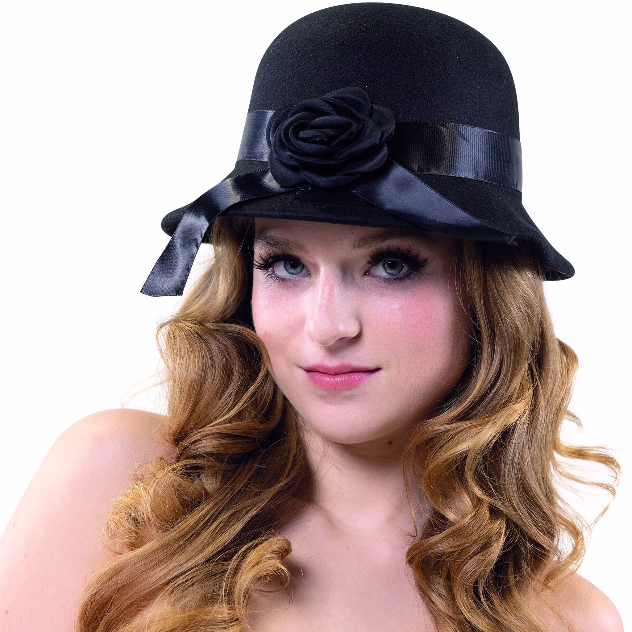 Charleston Hut 20er Jahre Mütze mit schwarzer Blüte für Damen Kostüm-Zubehör Fasching Karneval Mottoparty Nahaufnahme eines schwarzen Charleston-Huts mit Satinband und Stoffblume.