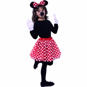 Maus Kostüm Maus-Set mit gepunktetem Rock Haarreif Nase & Handschuhen für Kinder DIY-Kostüm Fasching Karneval Kindergeburtstag Mottoparty Kind zeigt das Maus-Kostüm in typischer Mimik mit Nase und Haarreif.