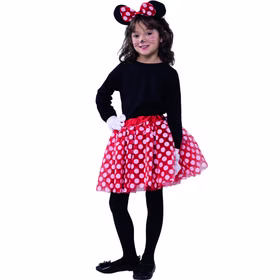 Maus Kostüm Maus-Set mit gepunktetem Rock Haarreif Nase & Handschuhen für Kinder DIY-Kostüm Fasching Karneval Kindergeburtstag Mottoparty Kind steht lächelnd im Maus-Kostüm mit roten Punkten und weißen Handschuhen.