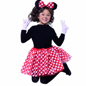 Maus Kostüm Maus-Set mit gepunktetem Rock Haarreif Nase & Handschuhen für Kinder DIY-Kostüm Fasching Karneval Kindergeburtstag Mottoparty Ein fröhlich springendes Kind im Maus-Kostüm mit gepunktetem Rock, Handschuhen und Haarreif.
