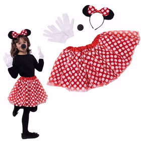 Maus Kostüm Maus-Set mit gepunktetem Rock Haarreif Nase & Handschuhen für Kinder DIY-Kostüm Fasching Karneval Kindergeburtstag Mottoparty Komplettes Maus-Set mit Rock, Handschuhen, Haarreif und Nase nebeneinander gezeigt.