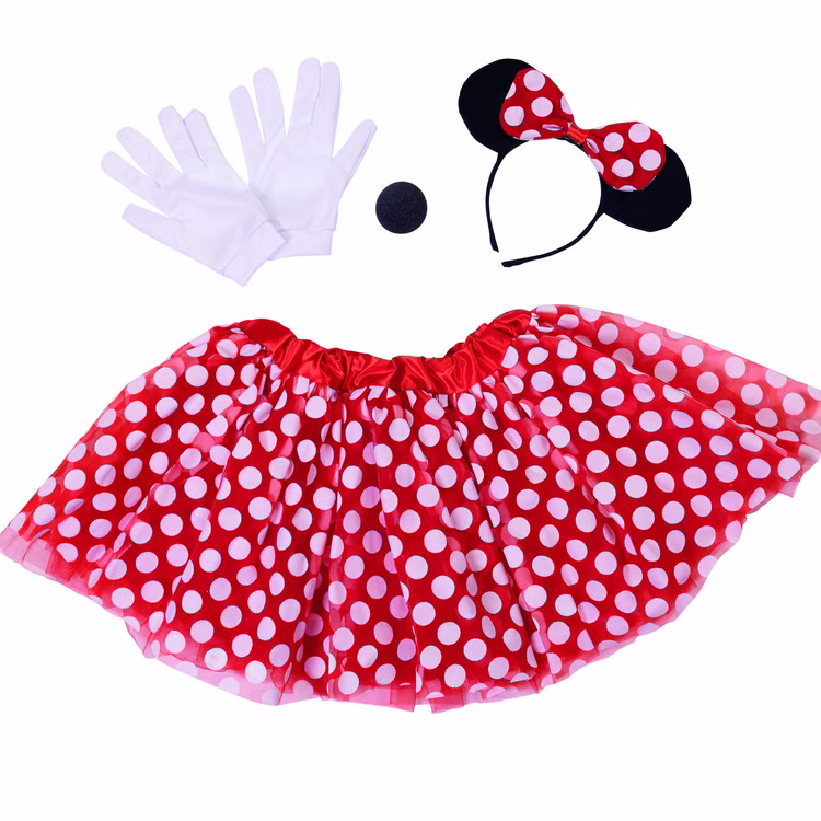 Maus Kostüm Maus-Set mit gepunktetem Rock Haarreif Nase & Handschuhen für Kinder DIY-Kostüm Fasching Karneval Kindergeburtstag Mottoparty Detailansicht des vierteiligen Maus-Kostümsets: Rock, Handschuhe, Nase, Haarreif.