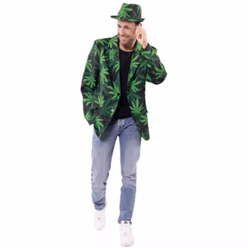 Hanf Kostüm Hanfblatt Cannabis Sakko & Hut für Herren Gr. 50-56 Fasching Karneval JGA Mottoparty Mann trägt grünes Hanf-Kostüm mit Sakko und Hut, beide mit schwarzem Hanfblatt-Allover-Print, freigestellt vor weißem Hintergrund.
