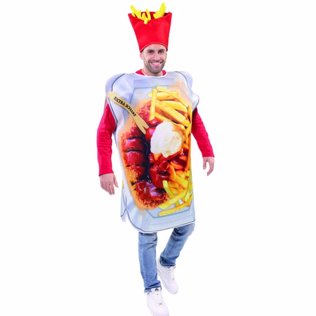 Currywurst Kostüm Extra Scharf mit Pommes-Mütze für Erwachsene Fast Food Einheitsgröße Fasching Karneval Mottoparty Paar- und Gruppenkostüme Ein Mann trägt das Currywurst Kostüm mit Pommes-Mütze und lächelt in die Kamera.