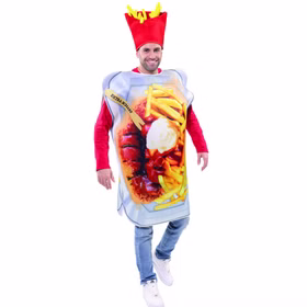 Currywurst Kostüm Extra Scharf mit Pommes-Mütze für Erwachsene Fast Food Einheitsgröße Fasching Karneval Mottoparty Paar- und Gruppenkostüme Ein Mann trägt das Currywurst Kostüm mit Pommes-Mütze und lächelt in die Kamera.