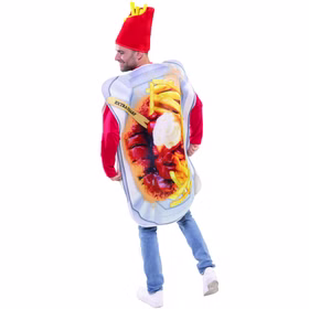 Currywurst Kostüm Extra Scharf mit Pommes-Mütze für Erwachsene Fast Food Einheitsgröße Fasching Karneval Mottoparty Paar- und Gruppenkostüme Rückansicht des Kostüms mit Pommes-Mütze und großem Currywurst-Aufdruck auf dem Rücken.