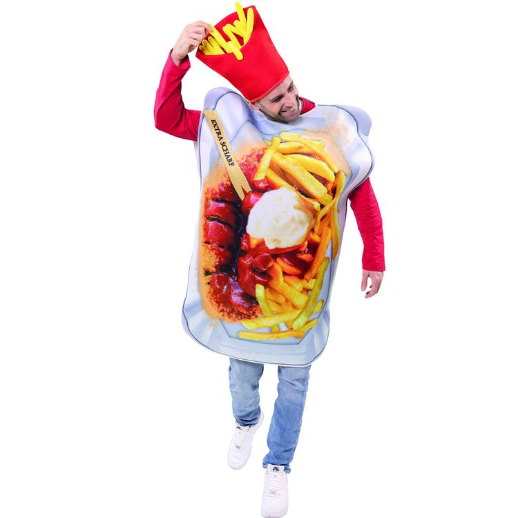 Ein Mann trägt das Currywurst Kostüm mit Pommes-Mütze und lächelt in die Kamera.