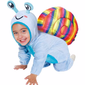 Schnecken Kostüm Lilly mit buntem Schneckenhaus für Kinder 12-24 Monate Tier Tierkostüm Kleinkinder-Kostüm Fasching Karneval Mottoparty Kindergarten Kinderfasching Kleinkind im hellblauen Schnecken Kostüm mit Regenbogen-Schneckenhaus und Kapuze mit Fühlern.