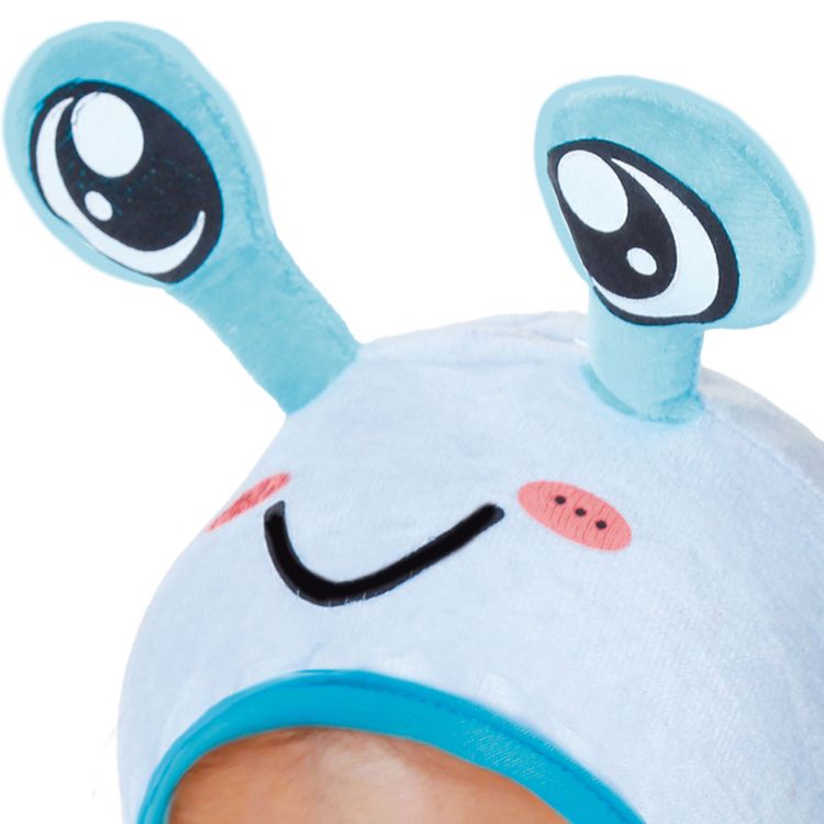 Schnecken Kostüm Lilly mit buntem Schneckenhaus für Kinder Kleinkind im hellblauen Schnecken Kostüm mit Regenbogen-Schneckenhaus und Kapuze mit Fühlern.