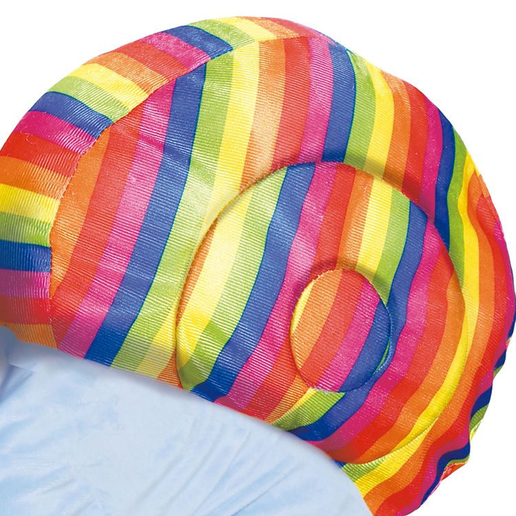 Schnecken Kostüm Lilly mit buntem Schneckenhaus für Kinder Kleinkind im hellblauen Schnecken Kostüm mit Regenbogen-Schneckenhaus und Kapuze mit Fühlern.