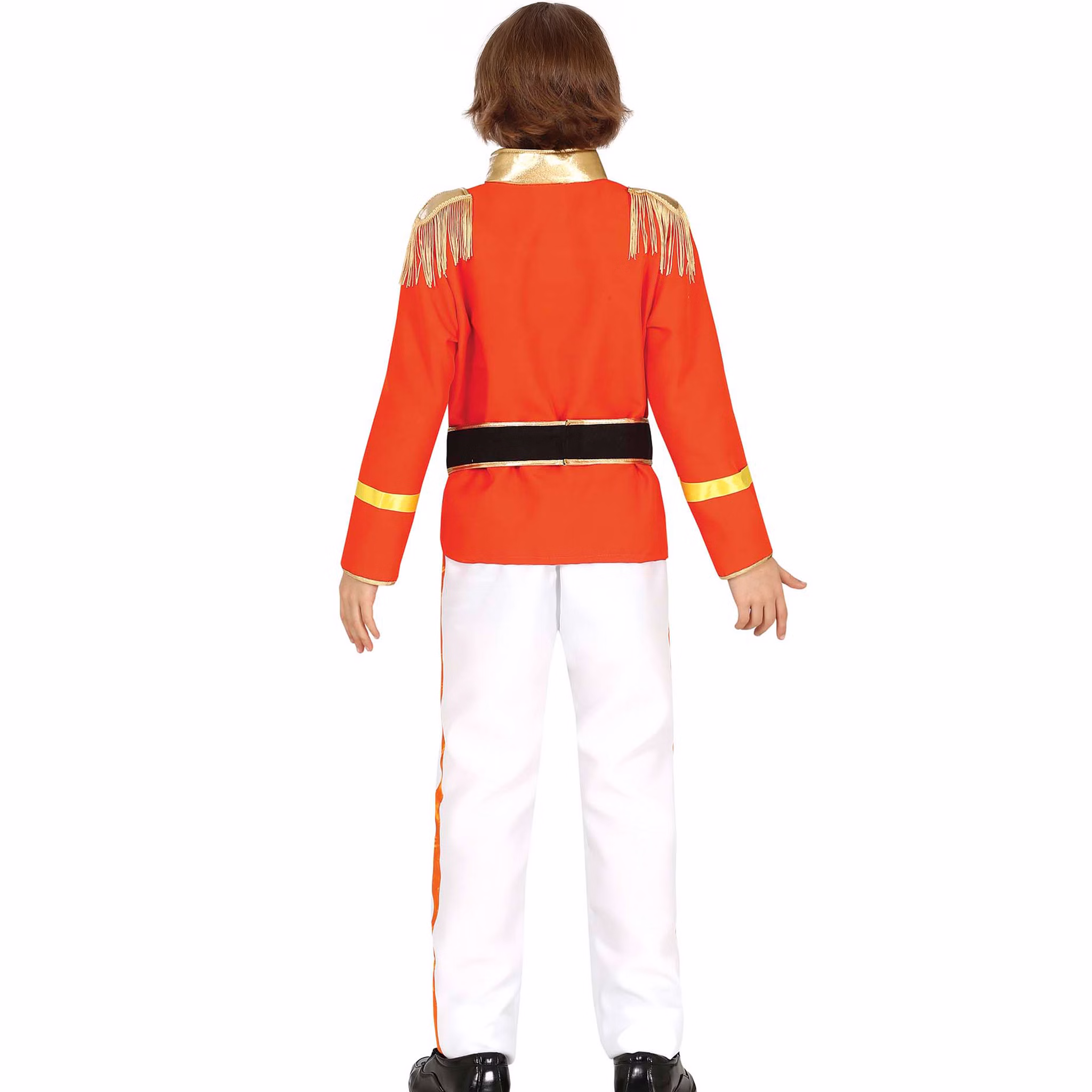 Nussknacker Kostüm kleiner Zinnsoldat Uniform Majorette für Kinder 5-12 Jahre Weihnachten Fasching Karneval Mottoparty Kinderfasching Rückansicht des Kinderkostüms „Nussknacker“ mit goldenen Schulterfransen und weißer Hose mit roten Seitenstreifen.