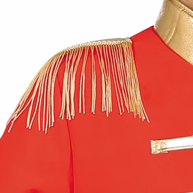 Nussknacker Kostüm kleiner Zinnsoldat Uniform Majorette für Kinder 5-12 Jahre Weihnachten Fasching Karneval Mottoparty Kinderfasching Nahaufnahme der goldenen Fransen am Schulterbereich der roten Uniformjacke.