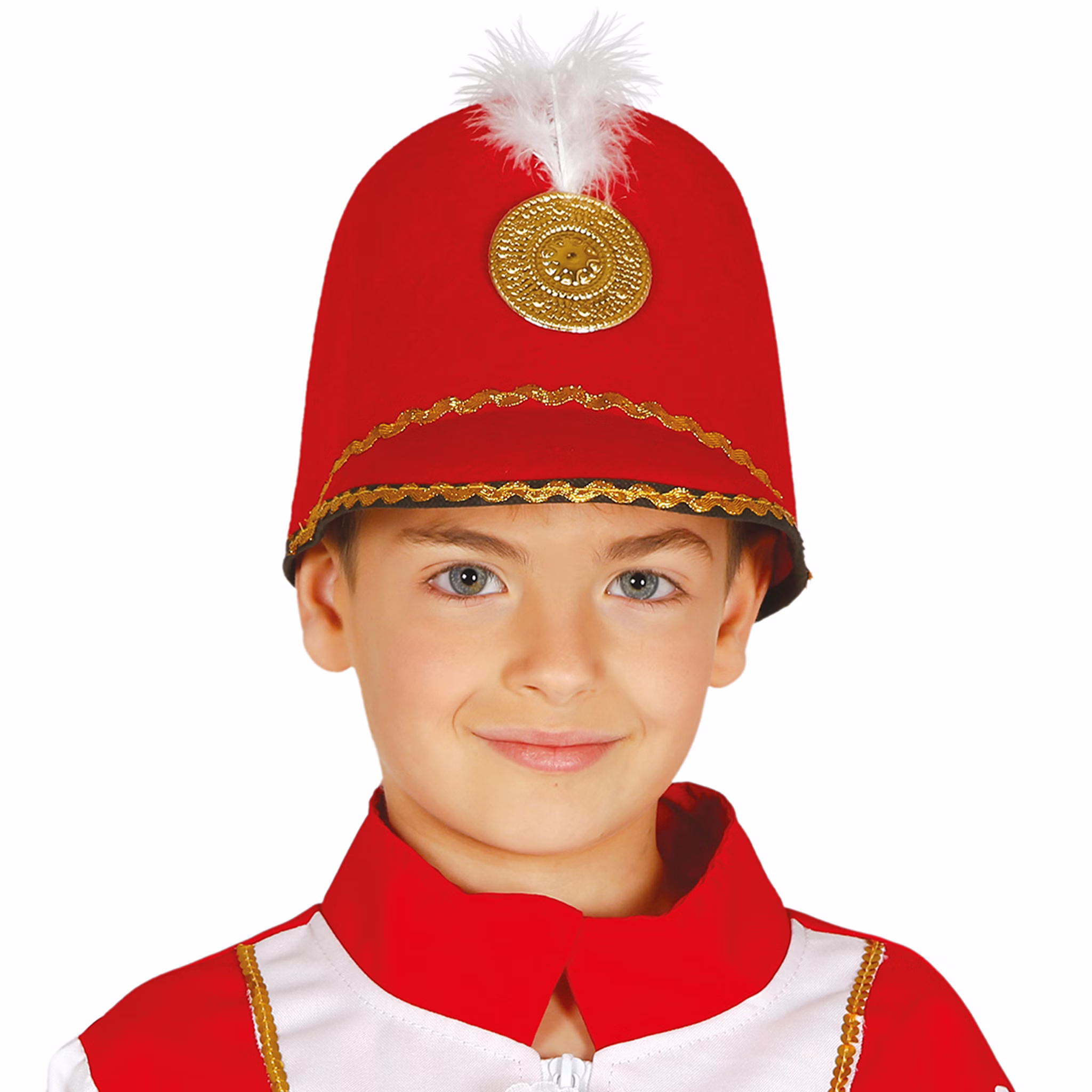 Junge mit rotem Nussknacker-Hut und goldener Verzierung auf dem Kopf.