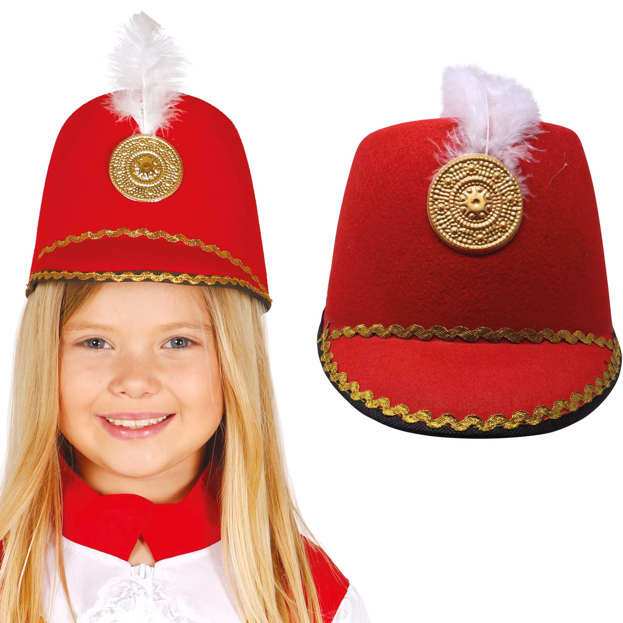 Mädchen trägt roten Nussknacker-Hut, daneben liegt der Hut als Produktaufnahme.