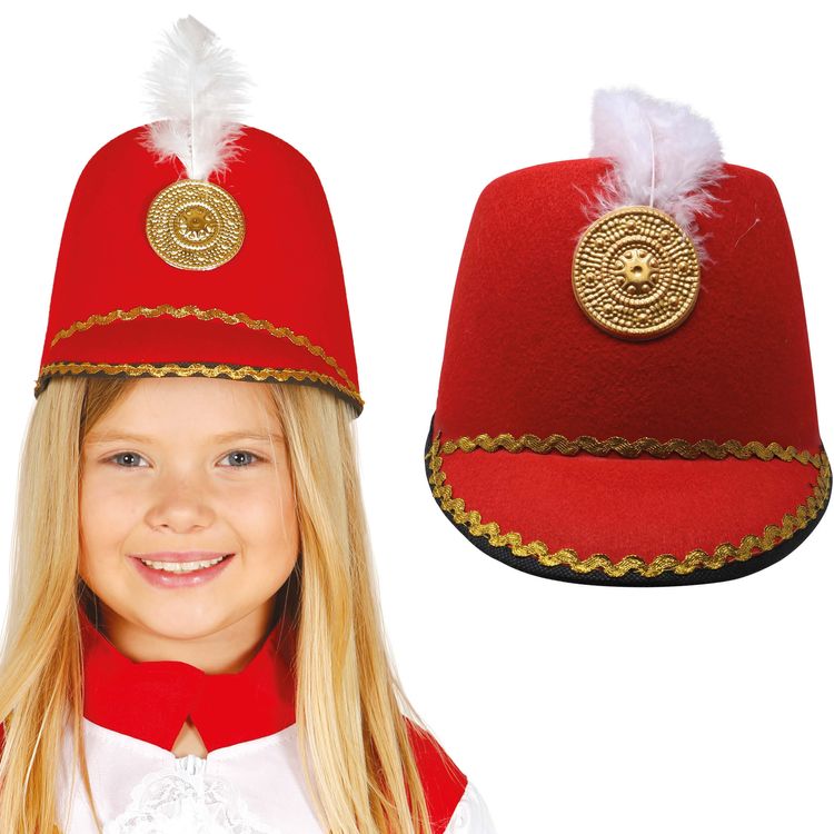 Nussknacker Hut Rote Uniform-Mütze mit weißer Feder Majorette für Kinder Zwei Kinder tragen rote Nussknacker-Hüte mit goldenen Verzierungen und weißer Feder.
