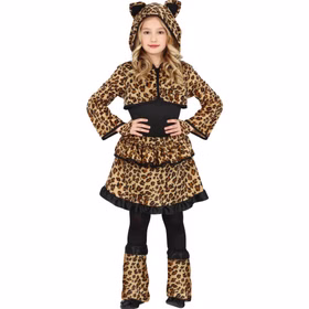 Mädchen im Leopard Kostüm „Wildkatze Luna“ mit Kapuze, Rock und Beinwärmern.