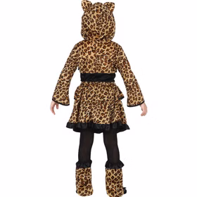 Rückansicht des Kinderkostüms mit Kapuze und Rock im Leopardenmuster.