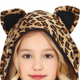 Mädchen im Leopard Kostüm „Wildkatze Luna“ mit Kapuze, Rock und Beinwärmern.