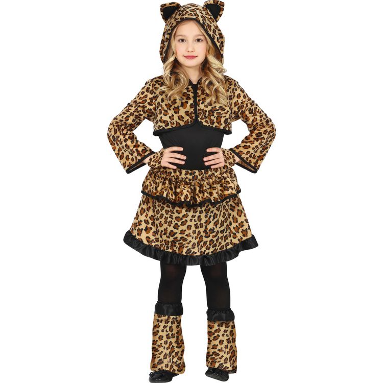 Mädchen im Leopard Kostüm „Wildkatze Luna“ mit Kapuze, Rock und Beinwärmern.