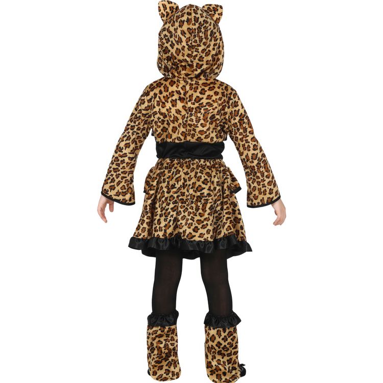 Mädchen im Leopard Kostüm „Wildkatze Luna“ mit Kapuze, Rock und Beinwärmern.