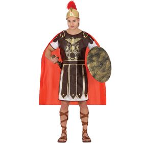 Mann im römischen Gladiator-Kostüm „Gaius“ mit Schwert, Schild und Helm.