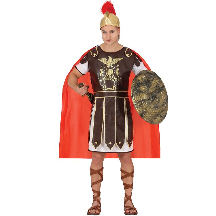 Mann im römischen Gladiator-Kostüm „Gaius“ mit Schwert, Schild und Helm.