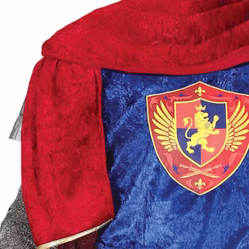 Roter Umhang mit goldener Einfassung über blauer Tunika mit Löwenwappen.