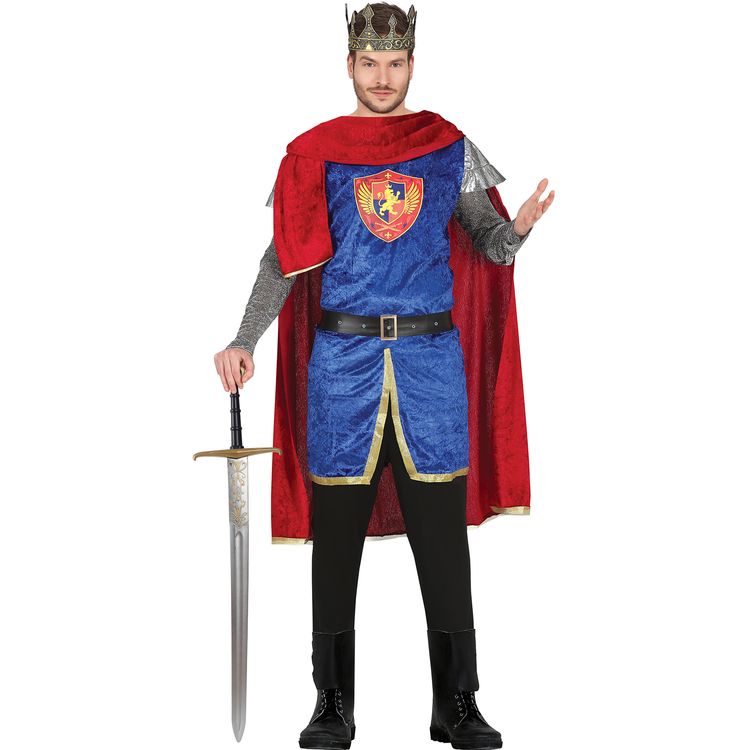 Mann im Königskostüm „Ritter Löwenherz“ mit Schwert, Umhang und Krone.