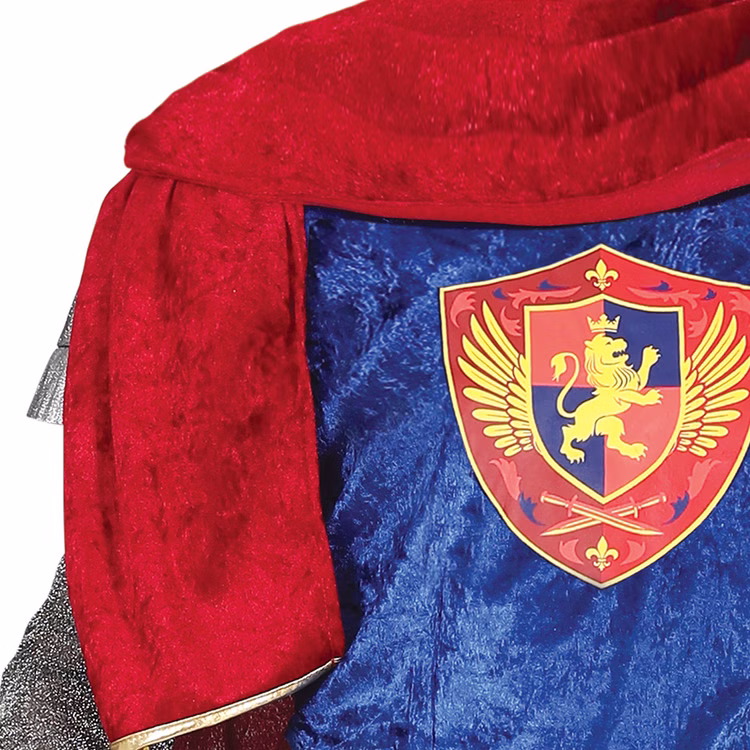 König Kostüm Ritter Löwenherz für Herren Gr. M-L Mittelalter Fasching Karneval Mottoparty Roter Umhang mit goldener Einfassung über blauer Tunika mit Löwenwappen.