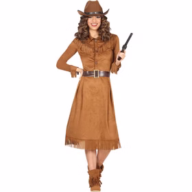 Western Kostüm Rodeo Lady Dolly Kleid für Damen Gr. M-L Braun Western-Heldin Fasching Karneval Mottoparty Paar- und Gruppenkostüm Frau im Western Kostüm Rodeo Lady Dolly mit Cowboyhut und Gürtel.