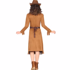 Western Kostüm Rodeo Lady Dolly Kleid für Damen Gr. M-L Braun Western-Heldin Fasching Karneval Mottoparty Paar- und Gruppenkostüm Rückansicht des Westernkleids mit Gürtel und Fransenbesatz.