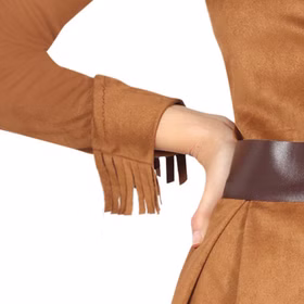 Western Kostüm Rodeo Lady Dolly Kleid für Damen Gr. M-L Braun Western-Heldin Fasching Karneval Mottoparty Paar- und Gruppenkostüm Ärmelabschluss mit Fransen und Gürtel in Lederoptik.