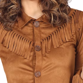 Western Kostüm Rodeo Lady Dolly Kleid für Damen Gr. M-L Braun Western-Heldin Fasching Karneval Mottoparty Paar- und Gruppenkostüm Detailaufnahme der Brustpartie mit Knopfleiste und Fransen.