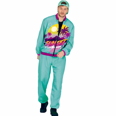 Jogginganzug 80er Jahre Türkis Sunset Florida Style für Herren Gr. M-L 90er Jahre Fasching Karneval Mottoparty Mann trägt türkisfarbenen 80er-Jahre-Jogginganzug „Sunset Florida Style“.
