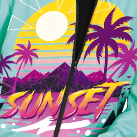 Jogginganzug 80er Jahre Türkis Sunset Florida Style für Herren Gr. M-L 90er Jahre Fasching Karneval Mottoparty Detailaufnahme des Jackenprints mit Sonnenuntergang, Palmen und Schriftzug „Sunset“.