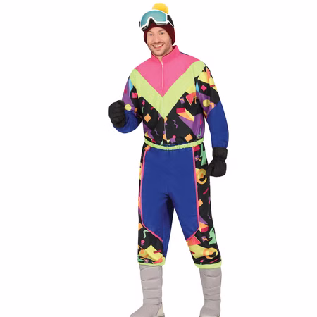 Retro Skianzug Kostüm 80er Jahre Schneeanzug Bunt für Herren Gr. M-L Fasching Karneval Retro 90er Jahre Mottoparty Mann trägt bunten Retro Skianzug im 80er Jahre Stil mit Neonfarben.