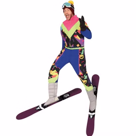 Retro Skianzug Kostüm 80er Jahre Schneeanzug Bunt für Herren Gr. M-L Fasching Karneval Retro 90er Jahre Mottoparty Mann in Retro Skianzug beim Sprung mit Skiern – 80er Jahre Look.