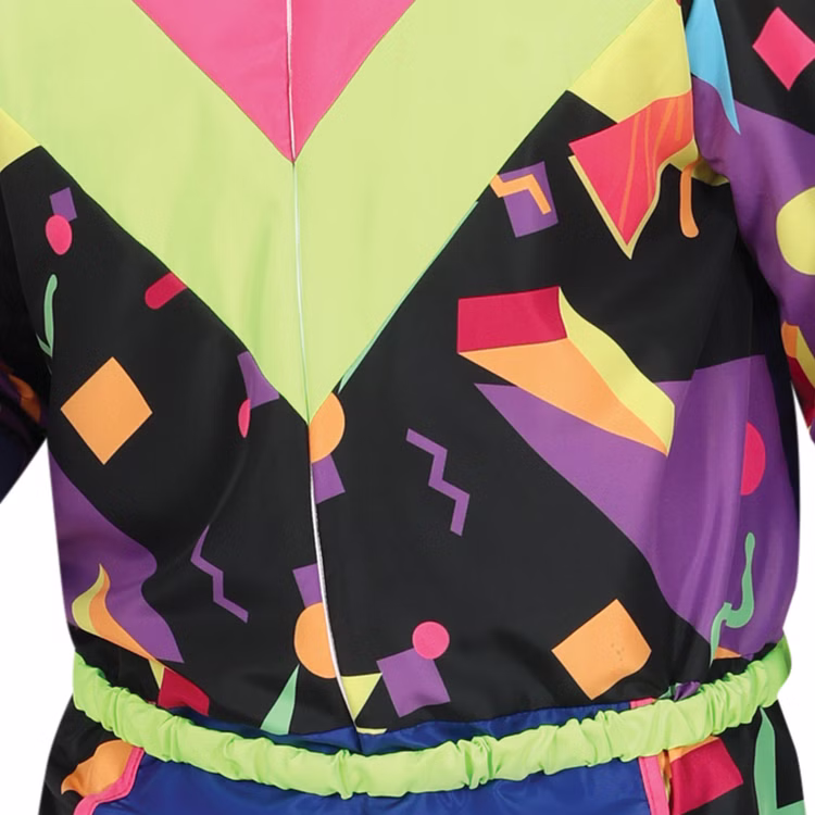 Retro Skianzug Kostüm 80er Jahre Schneeanzug Bunt für Herren Gr. M-L Fasching Karneval Retro 90er Jahre Mottoparty Detailaufnahme des farbenfrohen geometrischen Musters im 80er Stil.