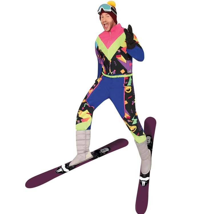 Mann trägt bunten Retro Skianzug im 80er Jahre Stil mit Neonfarben.